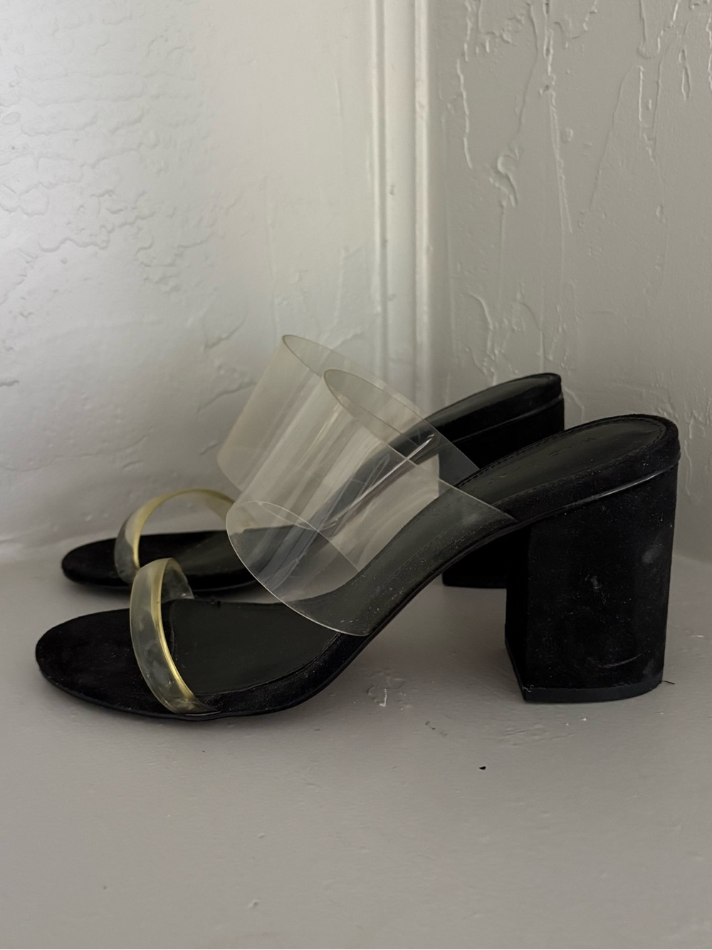 Who What Wear Black Block Heel Mules with Clear Straps Size 8